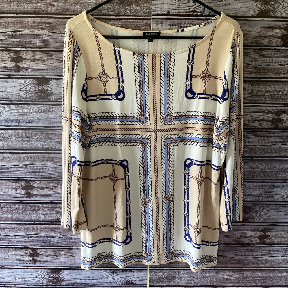 Talbots Women's Long-Sleeved Top Size L White Blue Beige Rope Nautical Anchor